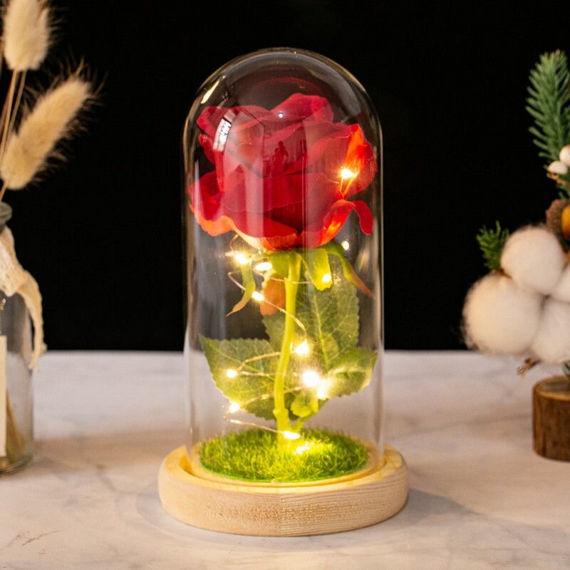 Подарок женщине, роза в стеклянной колбе со светодиодной подсветкой и газоном (красная) ночник светильник в подарочной коробке.