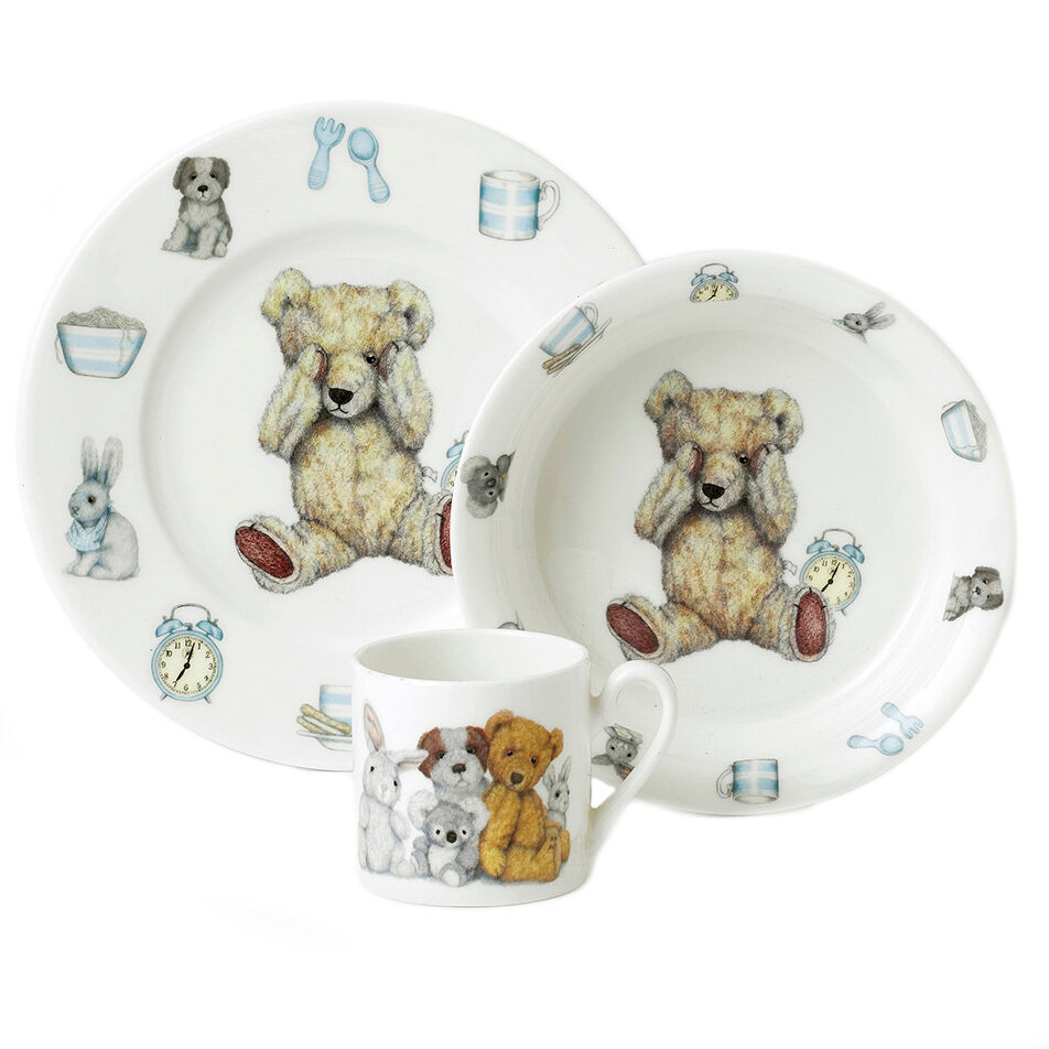Набор детской посуды из 3-х предметов из костяного фарфора Тедди для мальчика, белый/декор, серия Чашки и кружки, Roy Kirkham, RK-XTED1393X1GBOX
