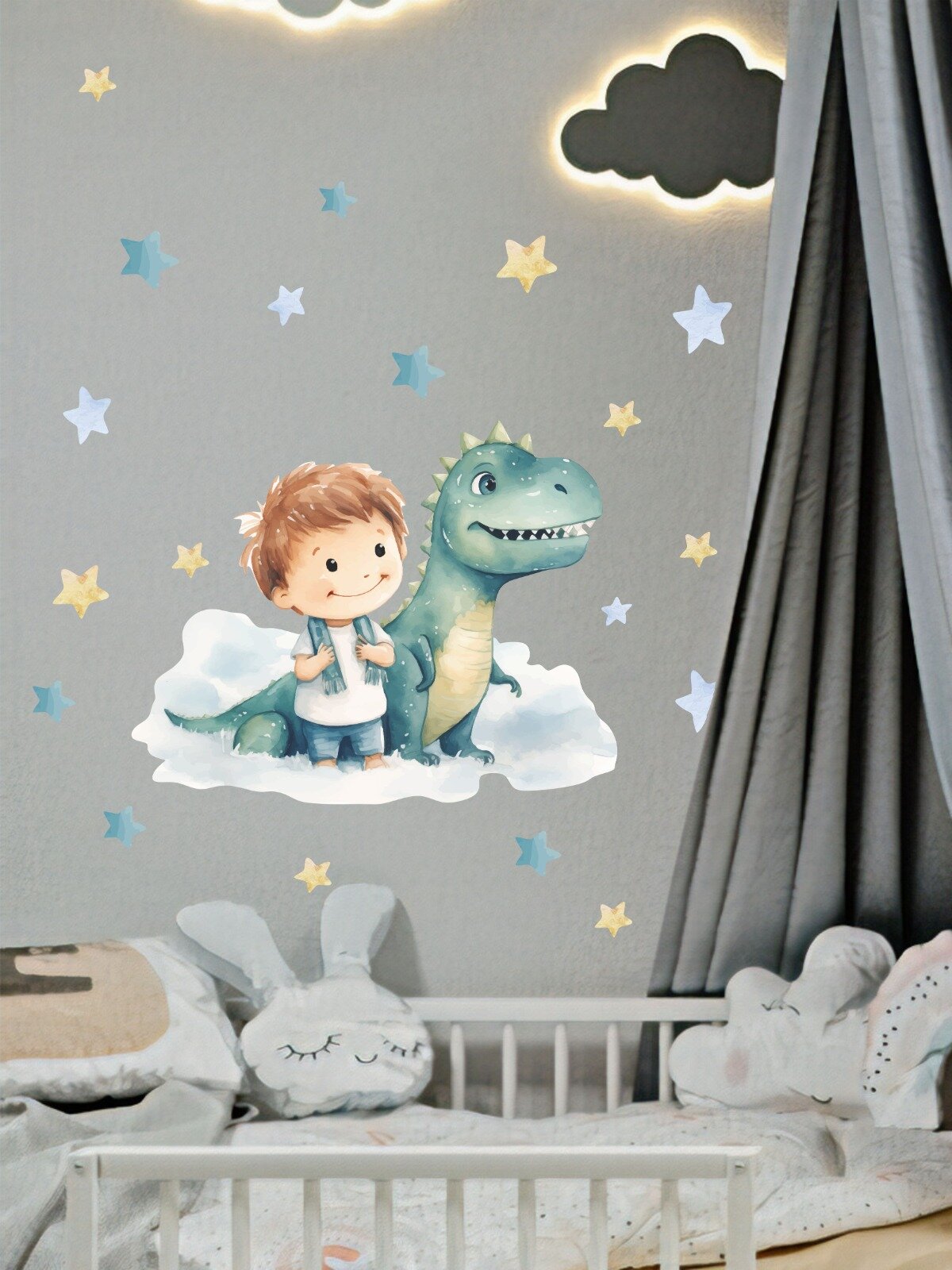 Наклейки интерьерные на стену Малыш и динозаврик на самолете для детской комнаты Lisadecor