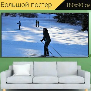 Большой постер "Лыжники, зимние виды спорта, снег" 180 x 90 см. для интерьера