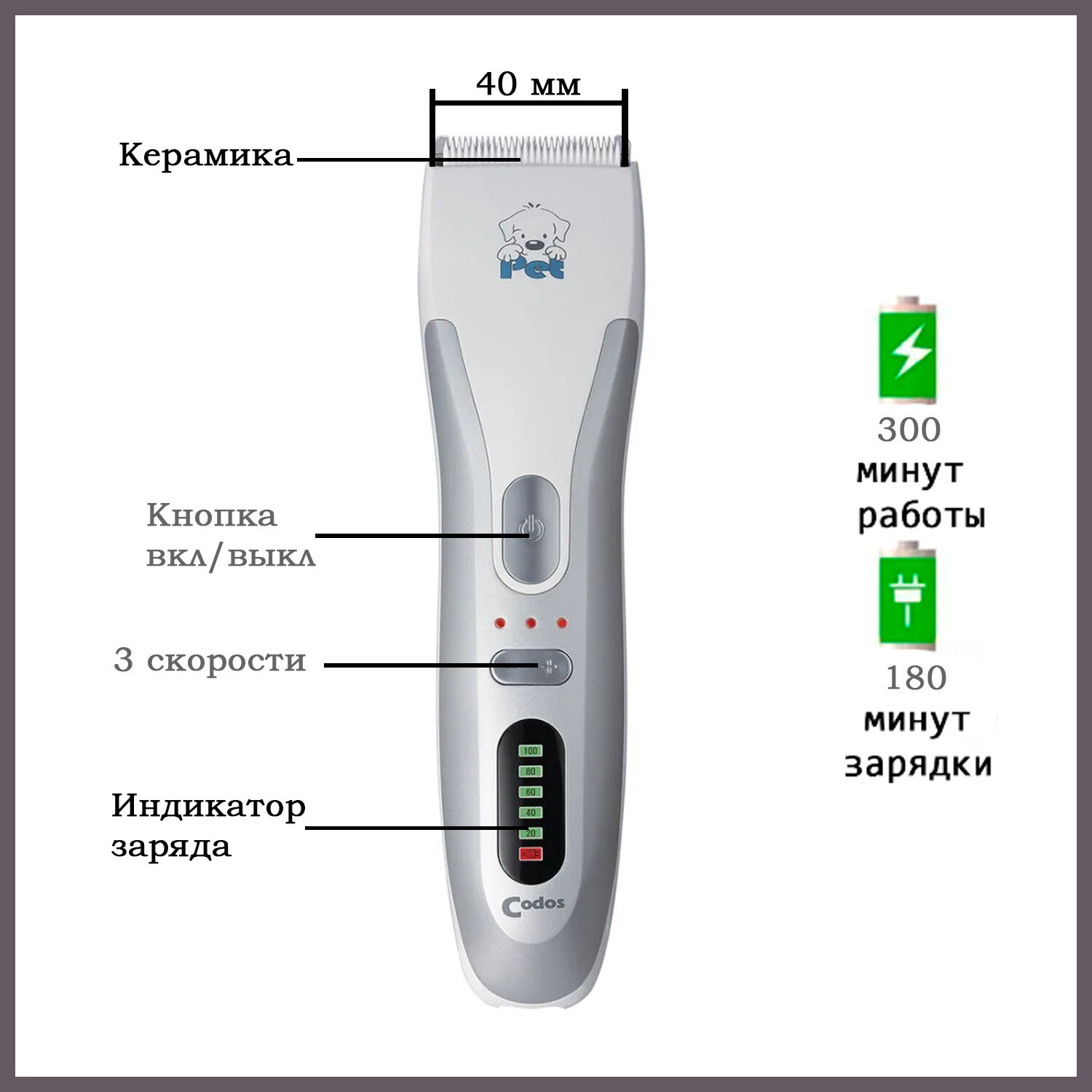 Машинка для стрижки животных Codos CP-8100, белый 325019 - фотография № 13