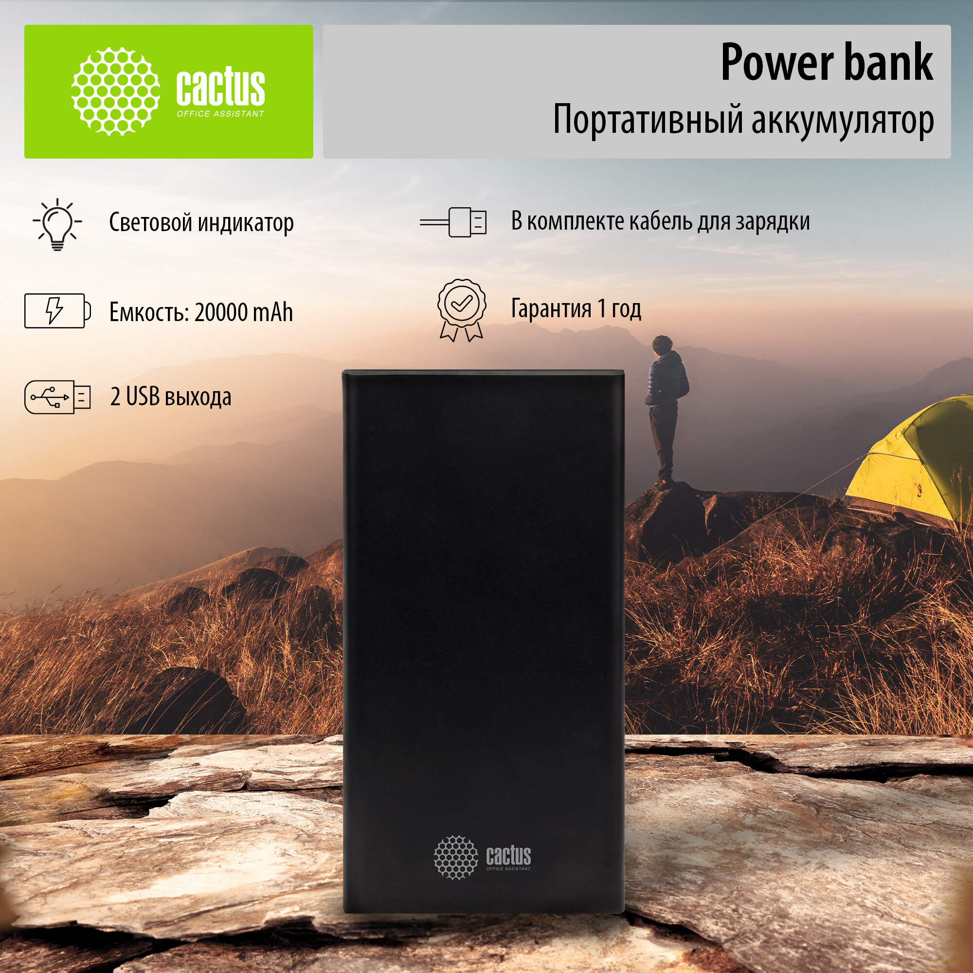 Мобильный аккумулятор Cactus CS-PBFSIT-20000 20000mAh 2.1A 2xUSB черный