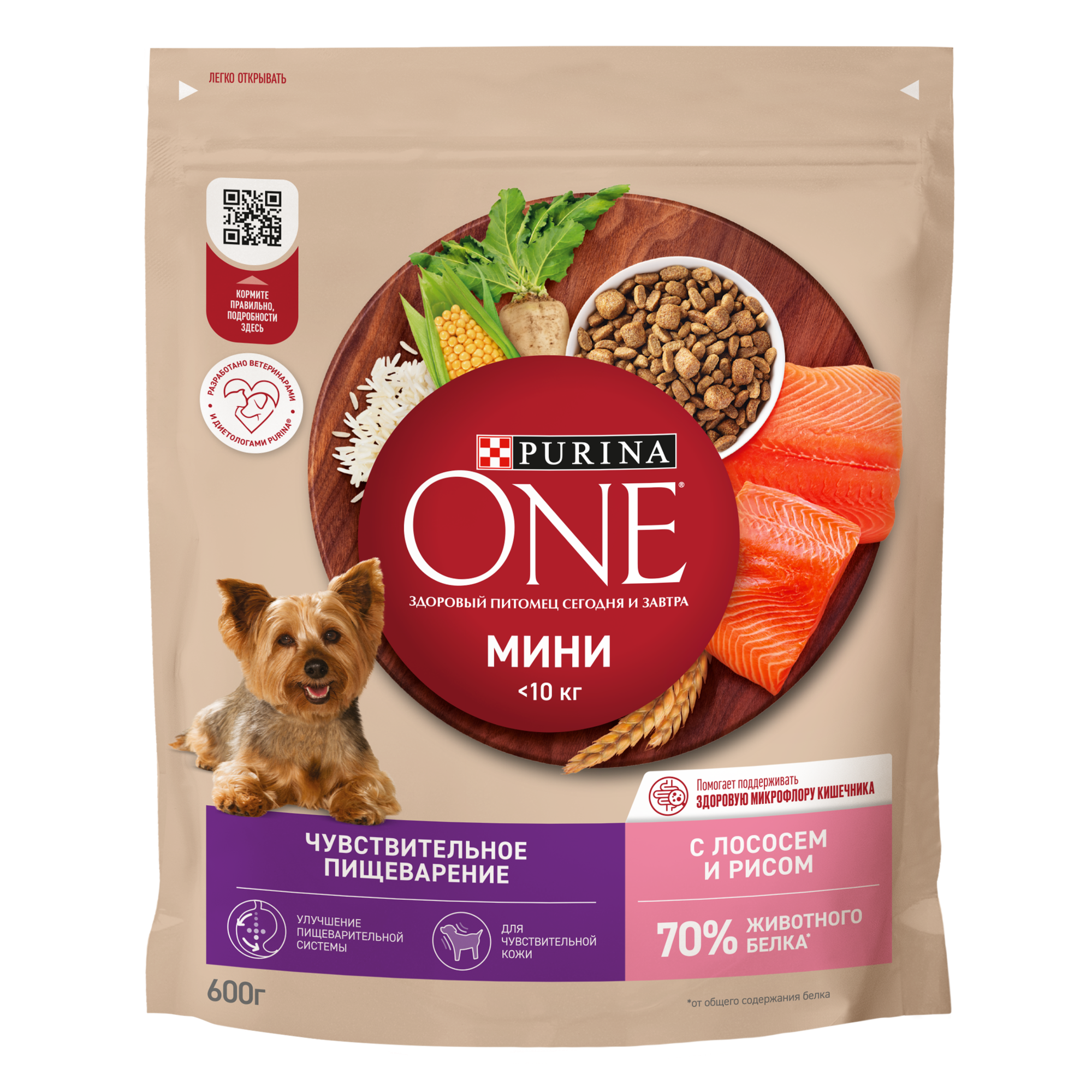 PURINA ONE Мини Чувствительная 600 г сухой корм для взрослых собак мелких пород с чувствительным пищеварением, с лососем и рисом