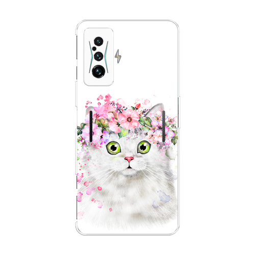 Силиконовый чехол на Xiaomi Redmi K50 GE/Poco F4 GT / Сяоми Редми K50 GE/Поко F4 GT Белая кошка с цветами