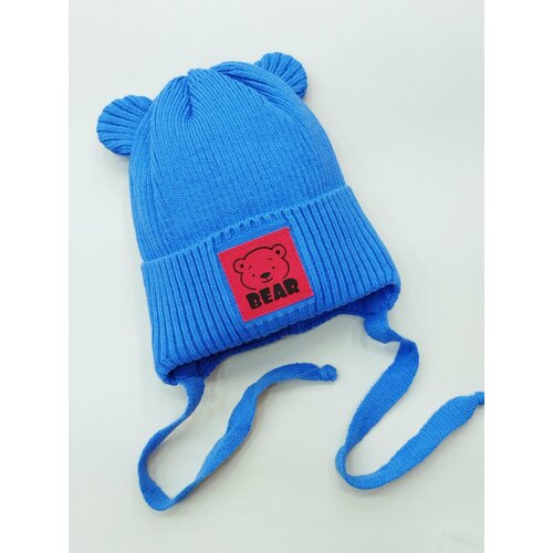 фото Шапка мой ангелок на завязках, с ушками, размер 1-3 года, 46-50, синий