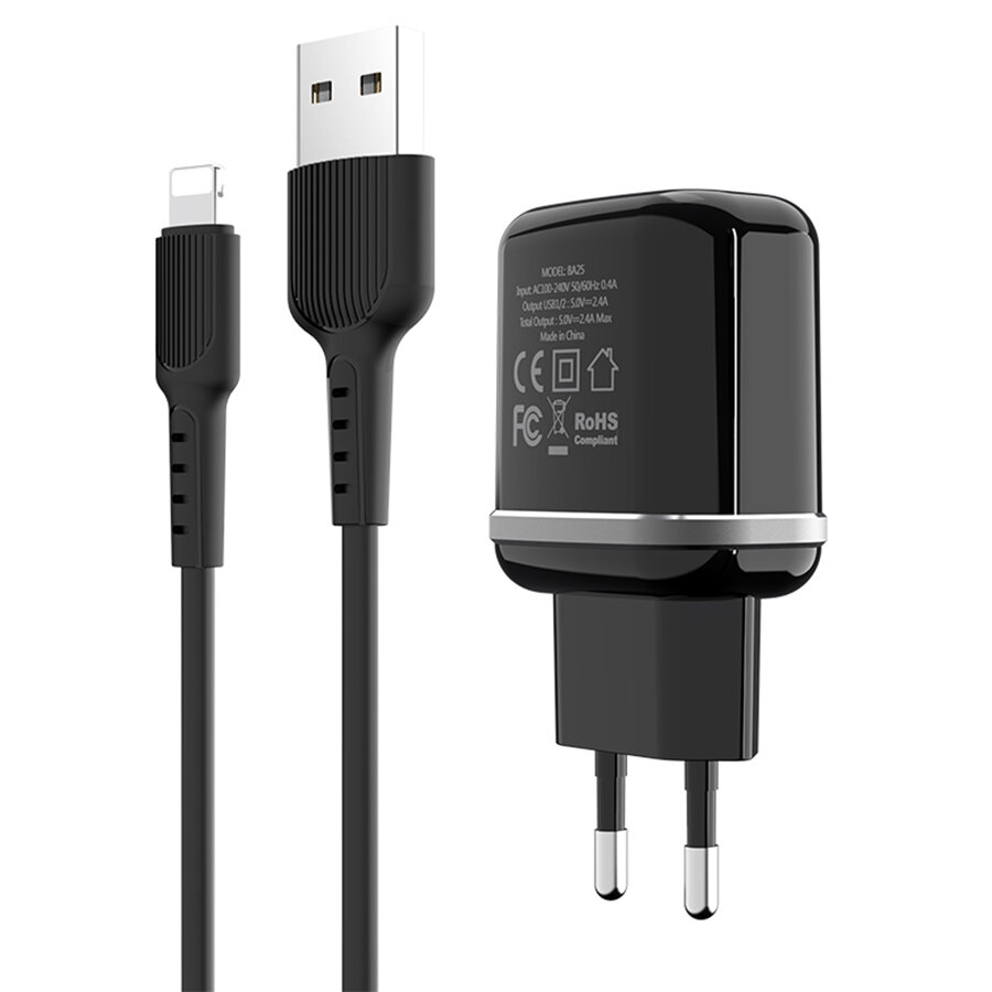 Сетевое зарядное устройство BOROFONE BA25A Outstanding 2xUSB с Кабелем USB - Lightning, 2.4A, черный