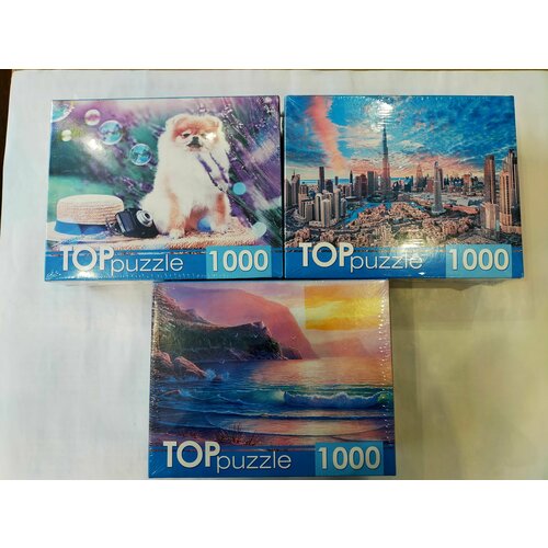 пазл top puzzle 1000 деталей закат на море Пазл 1000 эл. 3шт: Закат в Дубае, Закат на море, Шпиц в саду