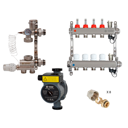 Коллекторная группа для теплого пола TAEN (нерж) 1x3/4x4 вых (а/в), насосно-смесительный узел, насос TAEN 25/6, евроконус, UCM+UC-4A+UC1634