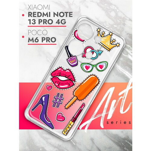 Чехол на Xiaomi Redmi Note 13 Pro 4G/Poco M6 Pro (Ксиоми Редми Ноте 13 Про 4г), прозрачный силиконовый с защитой камер, Brozo (принт) Женские штучки чехол на xiaomi redmi note 13 pro 4g poco m6 pro ксиоми редми ноте 13 про 4г черный книжка экокожа подставка магнит book case brozo принт капибара