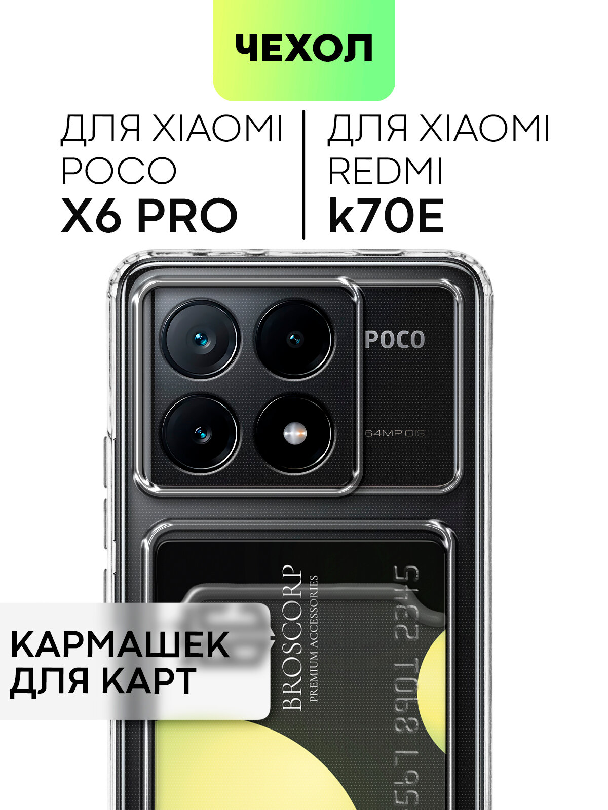 Чехол с кармашком на Xiaomi Poco X6 Pro и Redmi K70E (Поко Икс 6 Про, Редми К70Е) силиконовый чехол, защита камер, для карты, картхолдер, прозрачный