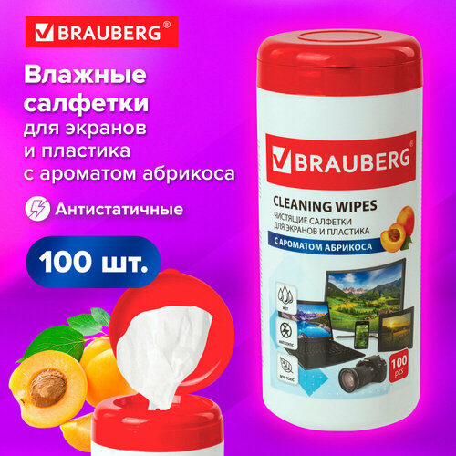 Салфетки для экранов всех типов и пластика BRAUBERG с ароматом абрикос, туба 100 шт, влажные, 513321 упаковка 5 шт.