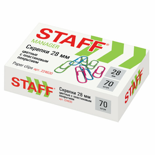 Скрепки STAFF Manager, 28 мм, цветные, 70 шт, в картонной коробке, Россия, 224630 упаковка 60 шт.