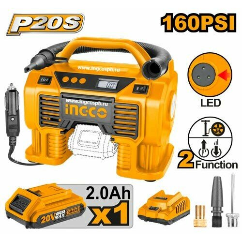 Аккумуляторный автомобильный компрессор INGCO CACLI20021 20 В 1x2 Ач 8900₽