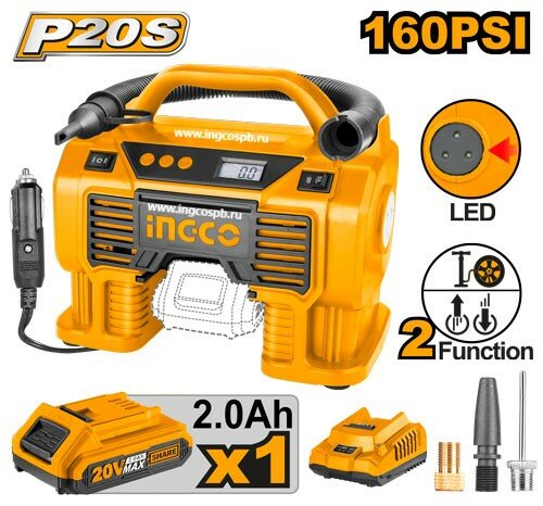 фото Аккумуляторный автомобильный компрессор INGCO CACLI20021 20 В 1x2 Ач
