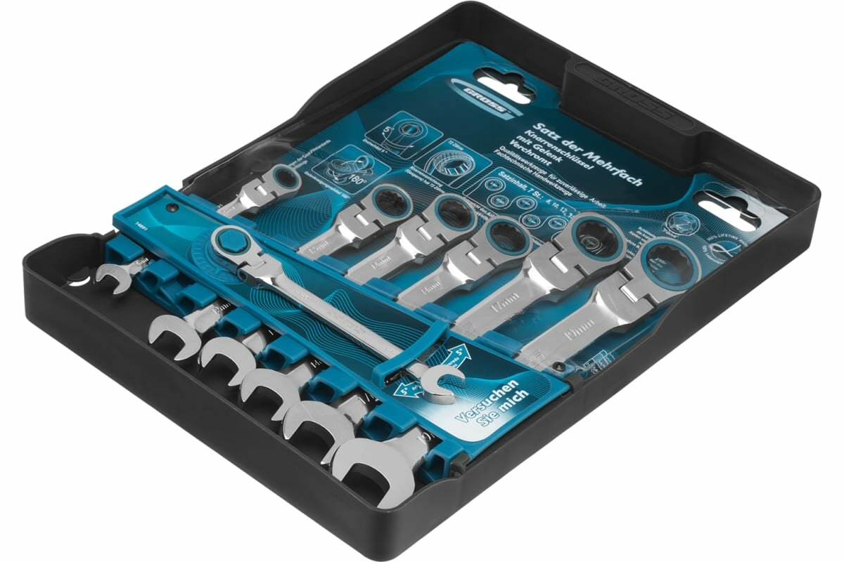 Набор ключей комбинированных с трещоткой  8   19 мм  7шт  шарнирные  CrV   Gross 14891