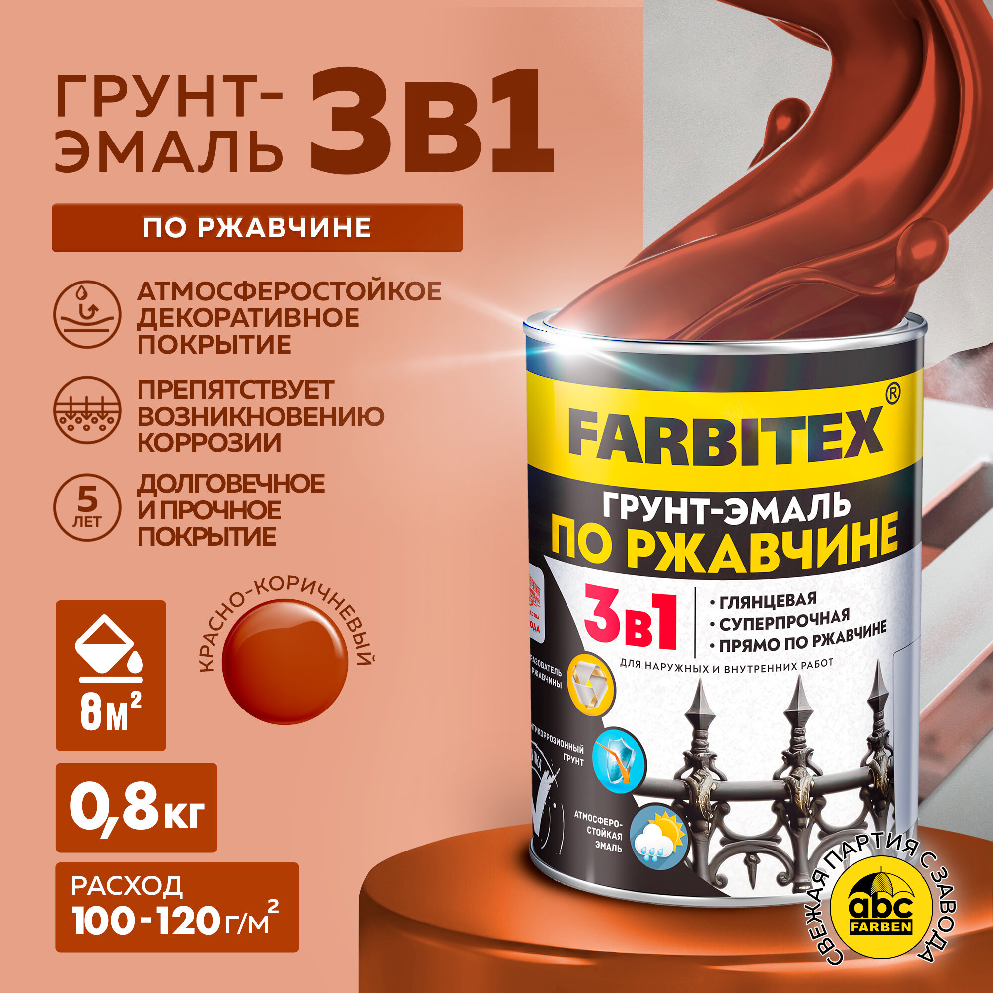 Грунт-эмаль по ржавчине 3 в 1 FARBITEX Серый 5 кг