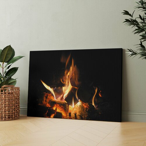 Картина на холсте огонь в камин костер пылающий угольки 40x60 см для интерьера в комнату на стену в подарок 1595₽
