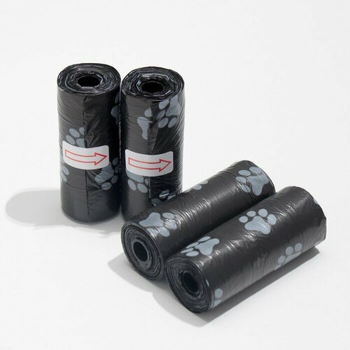 Пакеты для уборки за собаками с печатью "Лапки" (4 рулона по 15 пакетов 29х21 см), чёрный