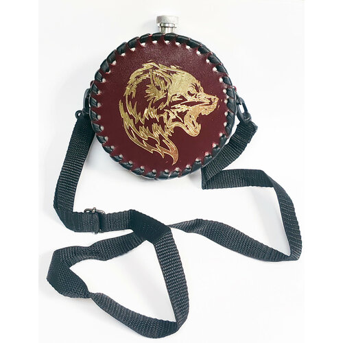 Фляга 500 мл. нержавеющая сталь в кожаном, (бордовом) чехле 