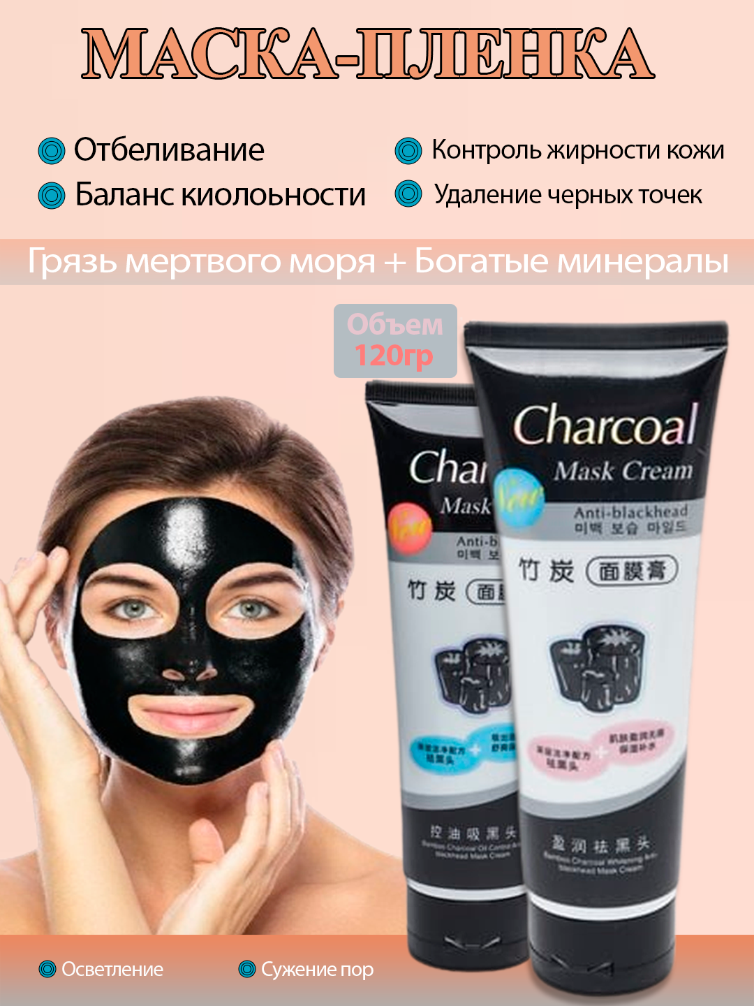 Угольная маска для лица, черная, с отбеливающими свойствами, Charcoal Mask, 130 гр