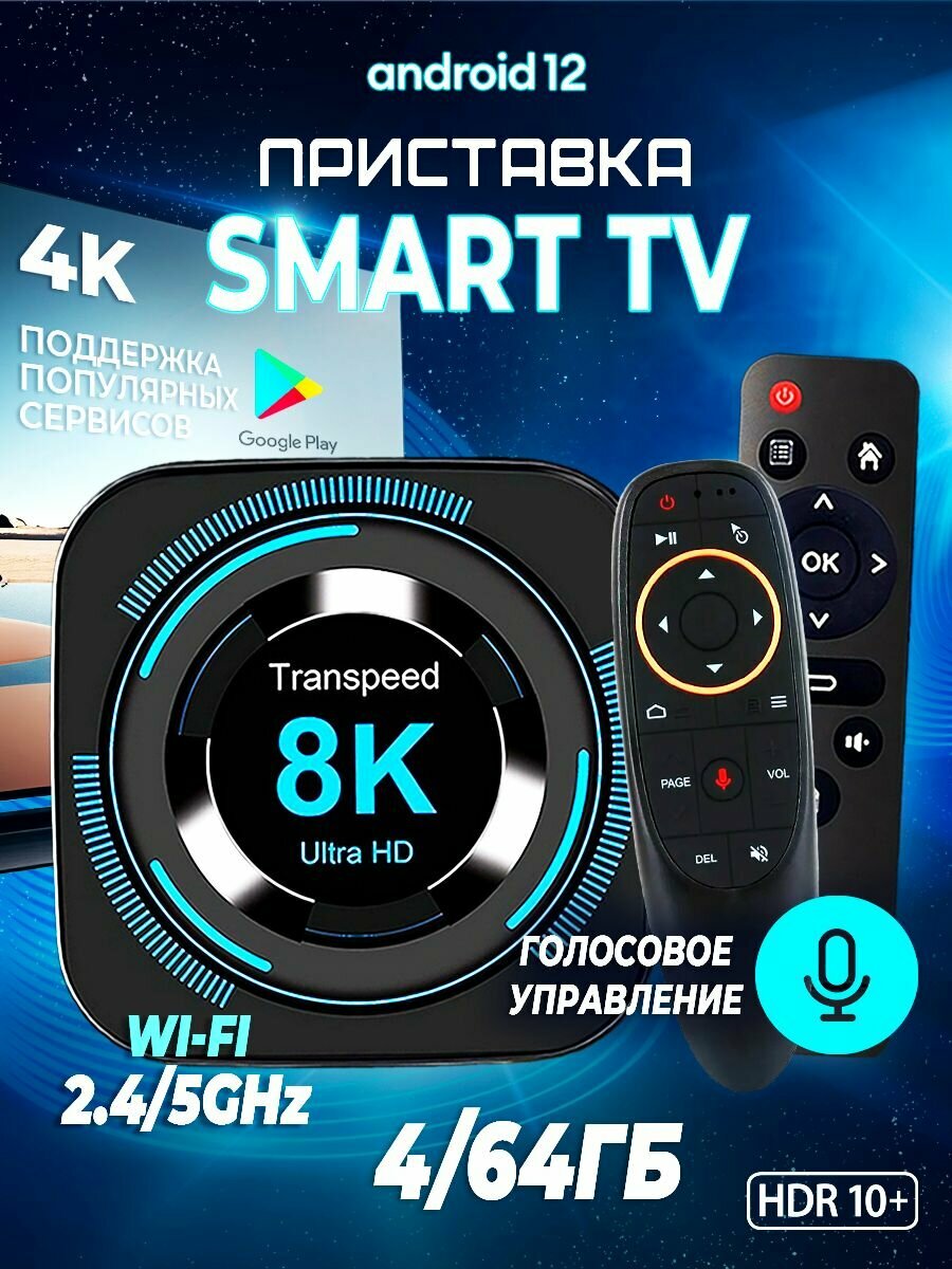 Смарт ТВ приставка "Transpeed 8K" с голосовым управлением 4/64 Гб