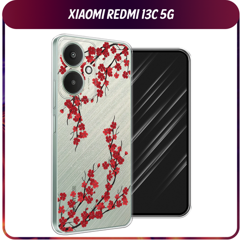 Силиконовый чехол на Xiaomi Redmi 13C 5G/13R 5G/Poco M6 5G / Сяоми Редми 13C 5G/13R 5G/Поко М6 5G Красная сакура, прозрачный силиконовый чехол маленькие ромашки на xiaomi redmi 13c 5g сяоми редми 13c 5g