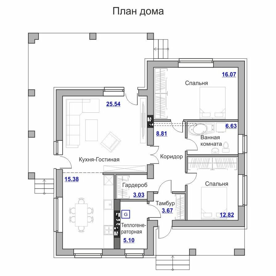 Проект одноэтажного дома с угловой террасой - фотография № 2