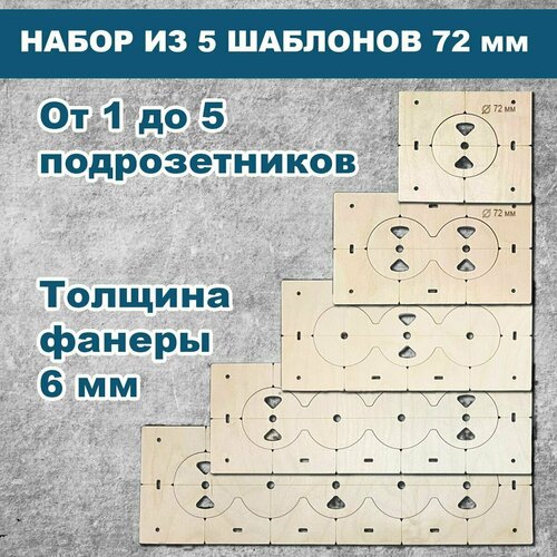 шаблоны для подрозетников ф 72 мм 5 шт Шаблоны для подрозетников 72 мм, 5 шт, толщина 6 мм, кондуктор для сверления, трафарет для подрозетников