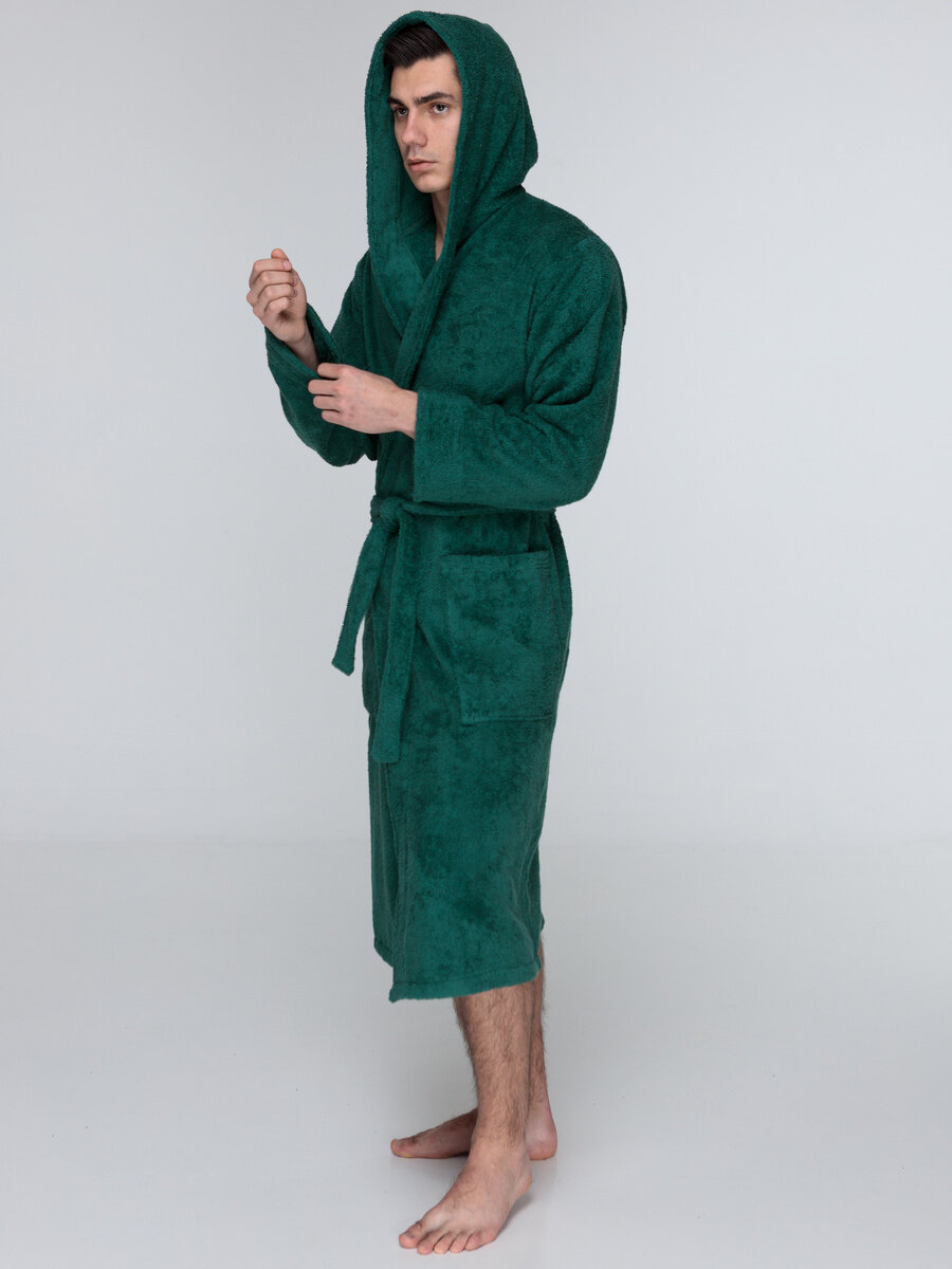 Мужской зеленый махровый халат с капюшоном 44 - фотография № 4