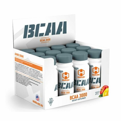bcaa аминокислоты с разветвлёнными цепями 240 капсул BCAA спорт питание, 12*60 мл, Hardlabz BCAA 3000, вкус - манго-яблоко