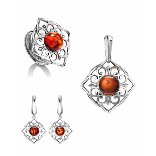 фото Комплект бижутерии: кольцо, серьги, подвеска, янтарь, бордовый amberhandmade