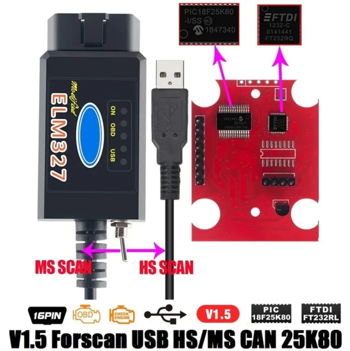 ELM327 USB Ford Mazda с переключателем HS + MS ( Чип CH340 + PIC18F25K80 V1.5 )