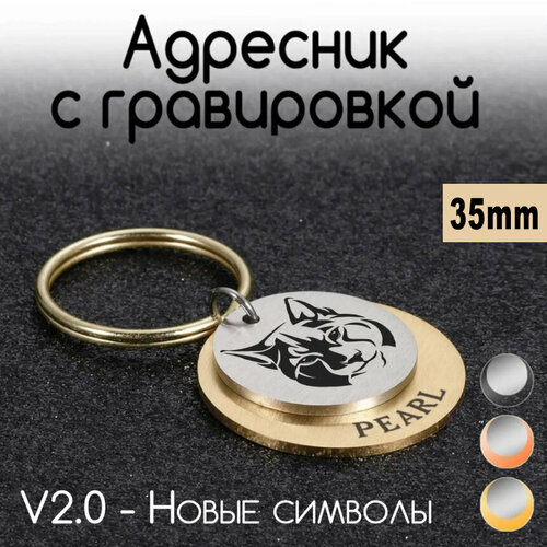 Адресник для собак и кошек с гравировкой, 35 мм, двойной, золото, матовый, V2