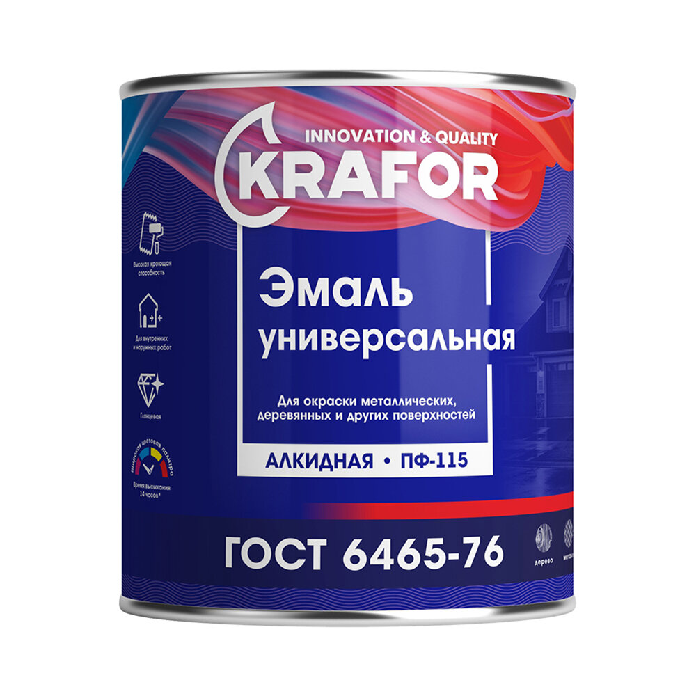 Эмаль ПФ-115 универсальная Krafor, алкидная, глянцевая, 0,8 кг, синяя