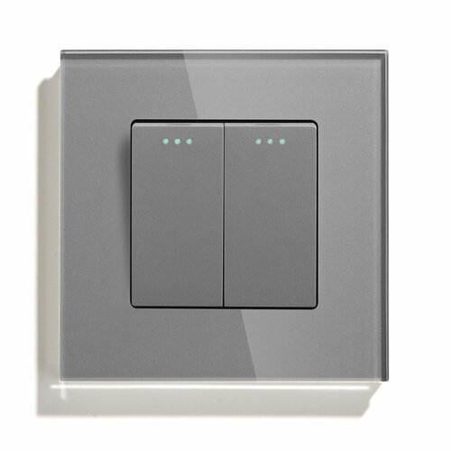 Выключатель проходной, 2 клавиши, 1 пост, рамка 86х86мм стекло , цвет серый