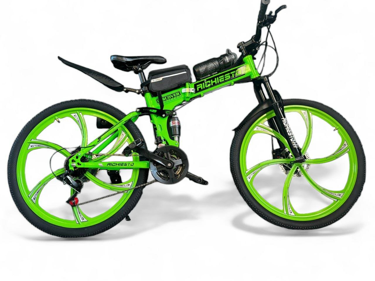 фото Велосипед складной Двухподвесной Richiesto 26 дюймов на литых дисках, салатовый