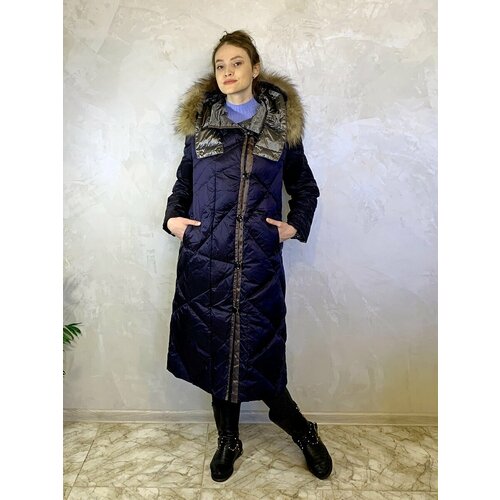 женское пальто из натурального меха женская модель 2022 новинка женское вязаное пальто средней длины из натурального меха енота Пуховик , размер 48, синий