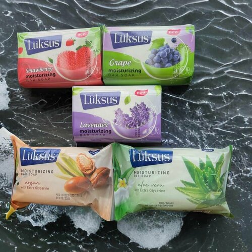 Ароматный Микс - 5 любимых ароматов. Туалетное турецкое мыло LUKSUS (Лаванда, Алое Вера, Виноград, Клубника, Арган) 5 шт * 90 гр.