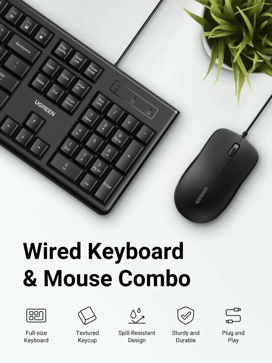 Комплект проводная клавиатура + мышь UGREEN MK003 Keyboard and Mouse set с кабелем USB черный