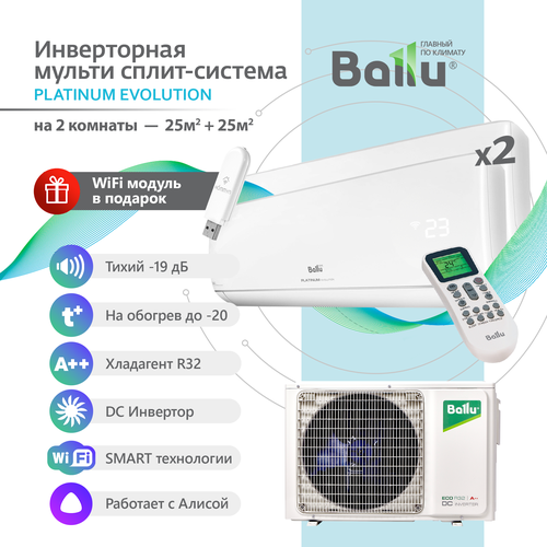 Инверторная Мульти сплит-система BALLU на 2 комнаты (25м2 + 25м2) BA2OI-FM/14HN8+09HN8+09HN8, белый