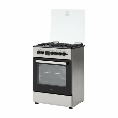 фото Газовая плита комбинированная с электрической духовкой 60см manya mc6032w гриль, конвекция, электроподжиг, таймер, чугунные решетки
