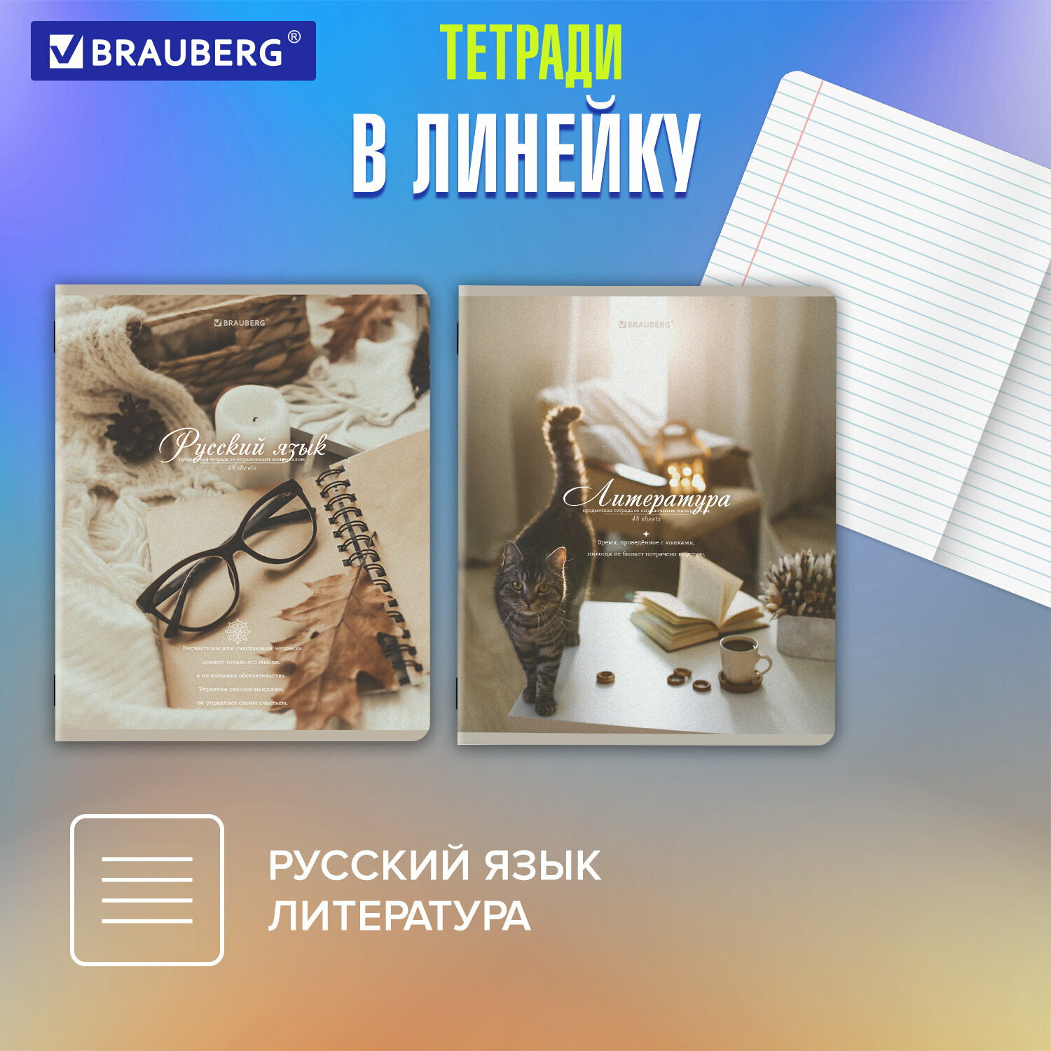 Предметные тетради 48 листов набор A5 в клетку и линейку 12 штук, SoftTouch, мягкая обложка с рисунком, Brauberg Esthetics, 404833 — фото 1