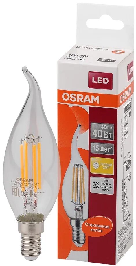 Лампочка светодиодная OSRAM Свеча на ветру BA E14 4Вт 220В 470Лм 3000К Теплый белый Филаментная уп. 1шт