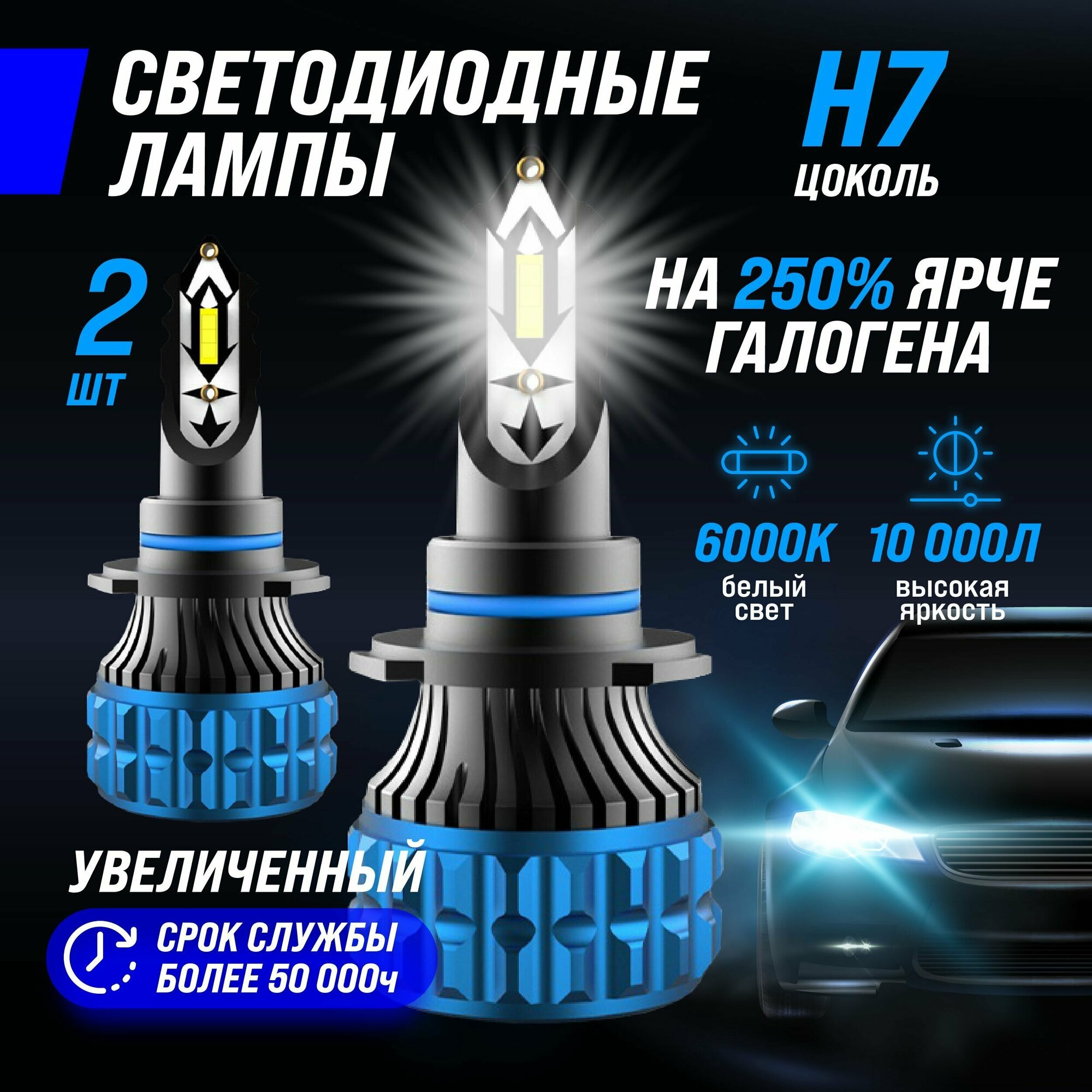 Светодиодные лампы H7 для авто, led в фары, 2 шт