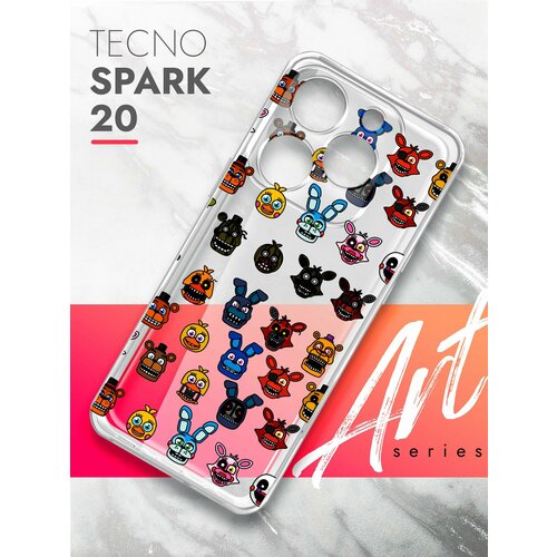 Чехол на Tecno Spark 20 (Техно Спарк 20), прозрачный силиконовый с защитой (бортиком) вокруг камер, Brozo (принт) Аниматроник Паттерн чехол на tecno spark 20 техно спарк 20 прозрачный силиконовый с защитой бортиком вокруг камер brozo принт котик пьет