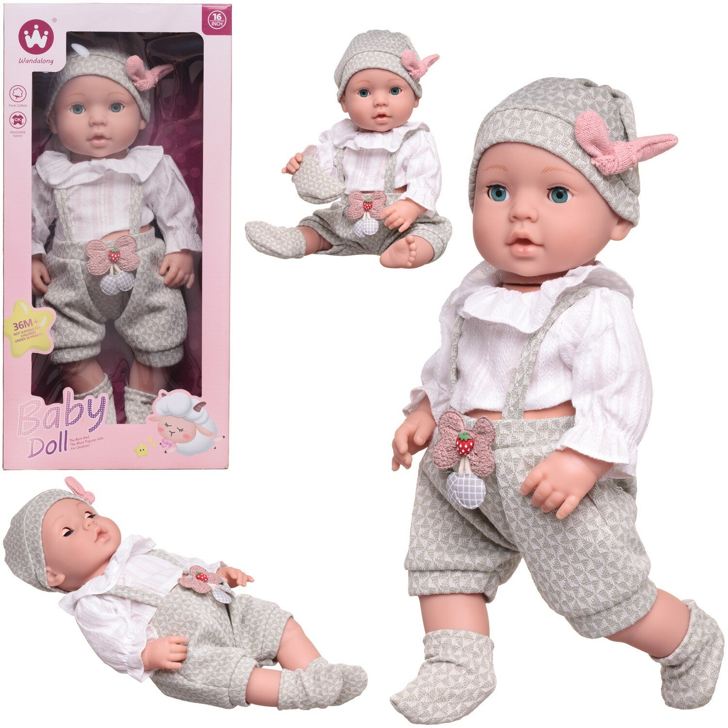 Пупс-кукла Junfa "Baby Doll", 40 см, 16 дюймов, в бело-серой одежде, в коробке