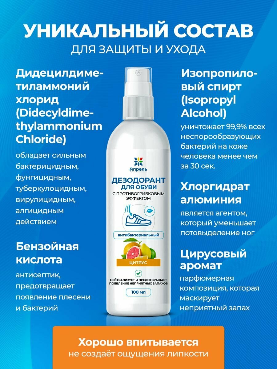 Дезодорант для обуви антибактериальный Опрель, цитрус, 100 мл — фото 1