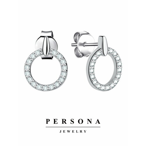 Серьги пусеты ПЕРСОНА, серебро, 925 проба, родирование, фианит, размер 9 мм, длина 1.1 см, серебряный