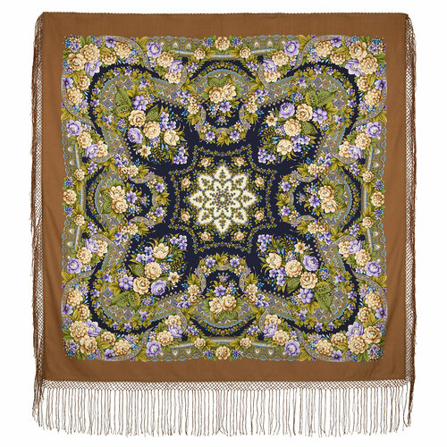 фото Платок павловопосадская платочная мануфактура,148х148 см, синий, коричневый