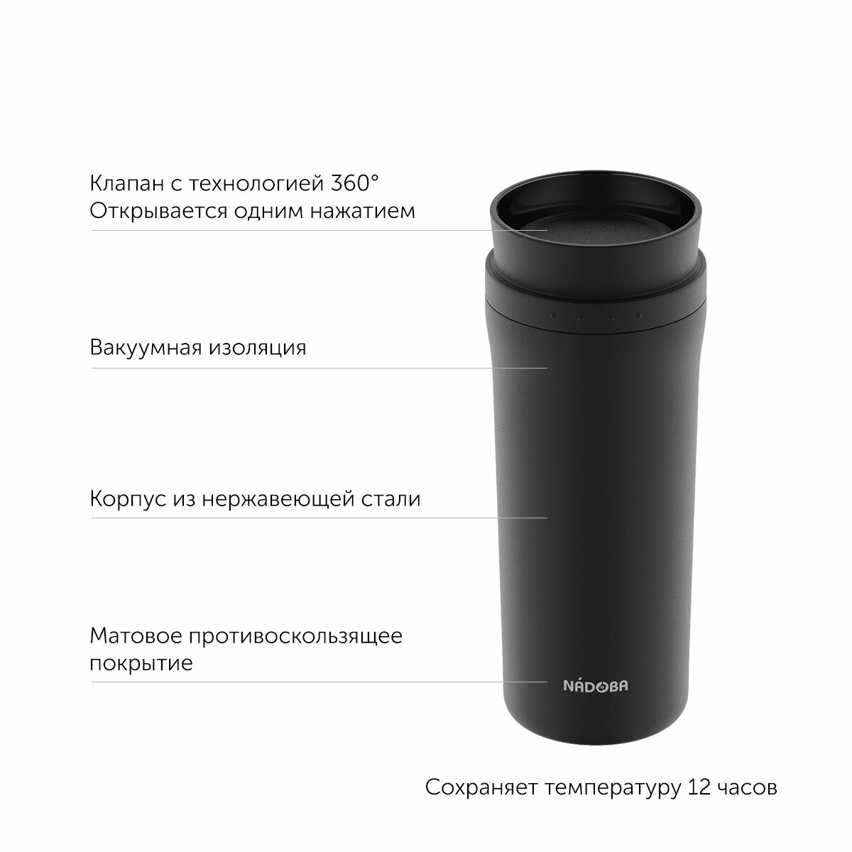 Термокружка черная, NADOBA, JUTA, 0,5 л, нержавеющая сталь, герметичная — фото 1